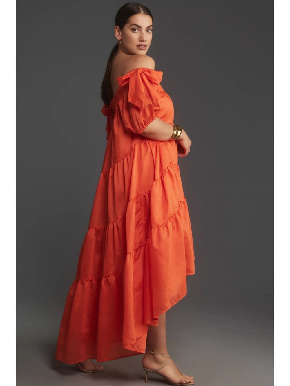🆕️ Anthropologie Off-The-Shoulder Tiered High-Low Midi Dress Orange Romantic